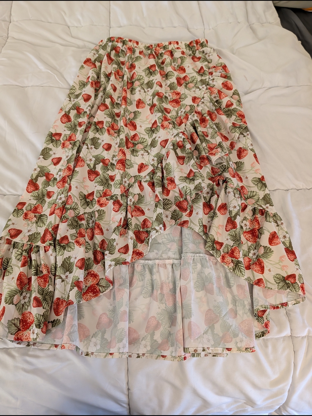 SHEIN White High-Low Skirt with Red Strawberry Print